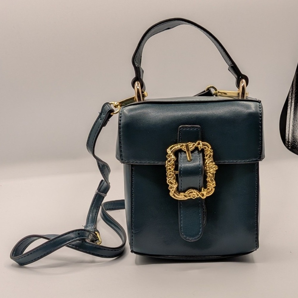 ASOS Teal Blue Structured Box Crossbody Bag Ornate Gold Buckle Top Handle Mini